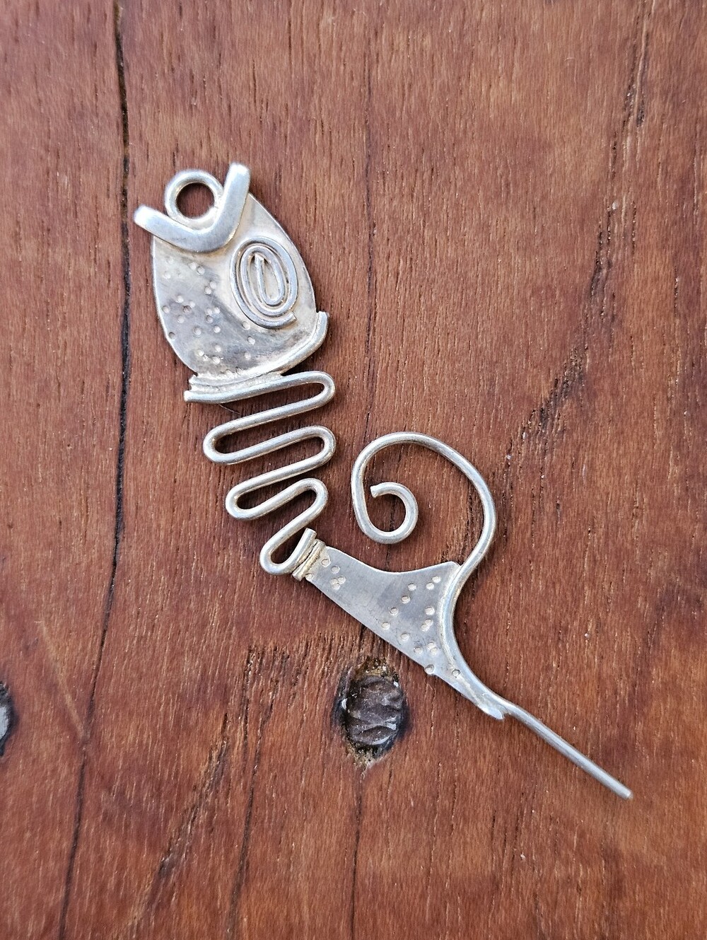 Vintage Modern Abstract Sterling Silver Artisan Handmade Fish Charm Pendant 2.1"